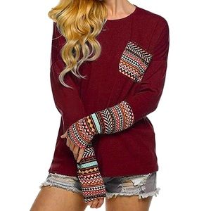 Acevog Women's Top Long Sleeve Casual Loose Fit Wine Patchwork Cotton Size XXL